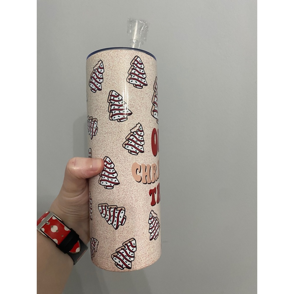 Christmas Snack Cake Tree Tumbler Unisex 20oz Cream Red Oh Christmas Tree Retro - Picture 5 of 7